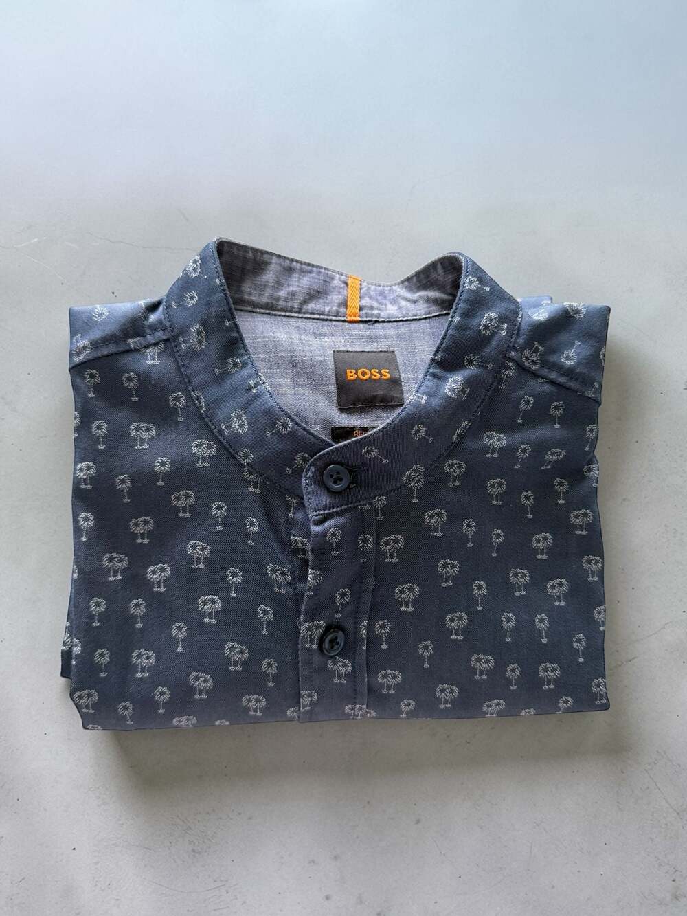 BOSS Hugo Boss Men's Blue Palm Tree Print Regular Fit Band Collar Shirt
